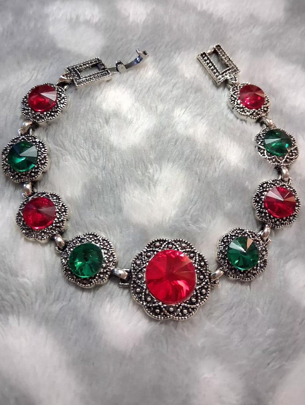 Red & Green Crystal Silver Bracelet